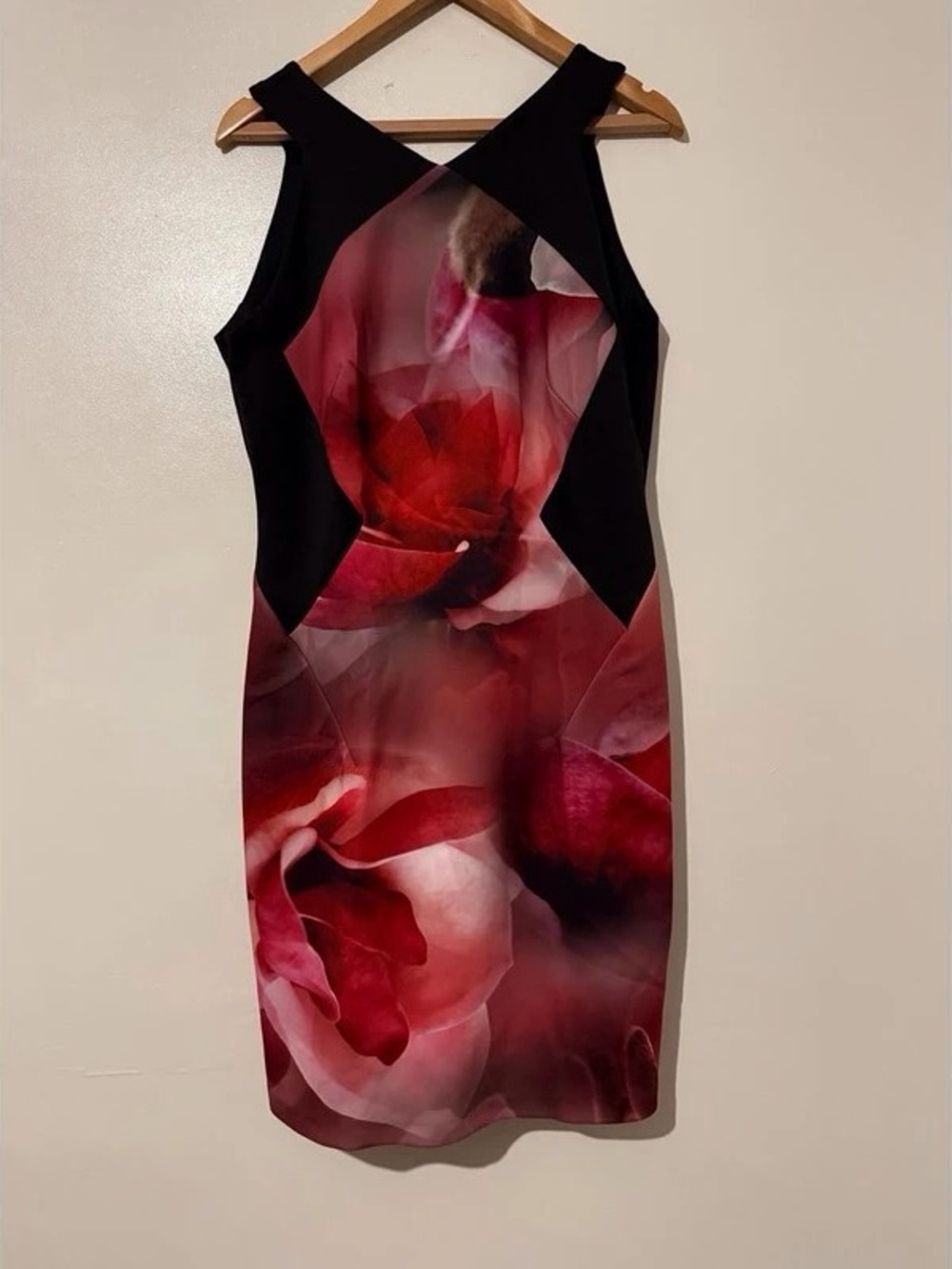 Sleeveless Floral Midi Sheath Dress in Red and Black